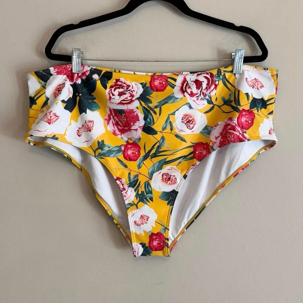 Womens‎ Yellow Floral Print Ruffle High Waist Bikini Set Swimwear 3XL